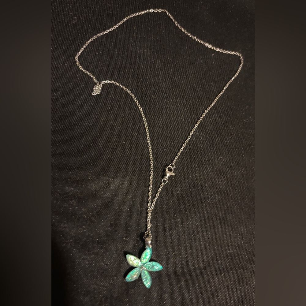 Sterling Silver Blue Opal Inlay Plumeria Flower Necklace